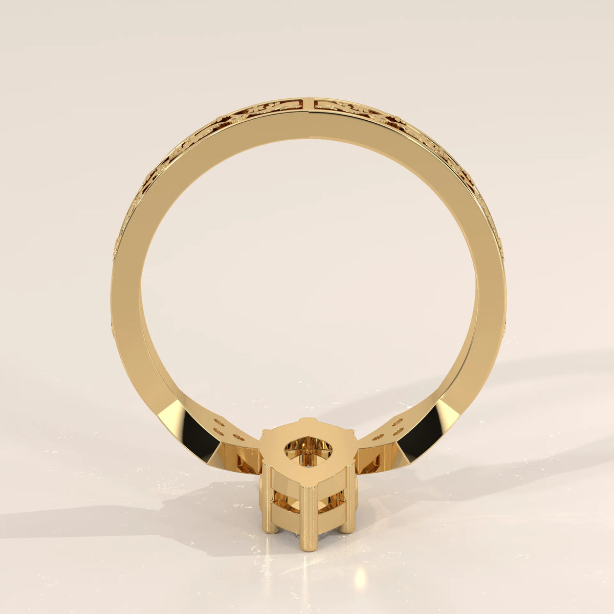 Gold ring with a square gemstone setting and decorative band.