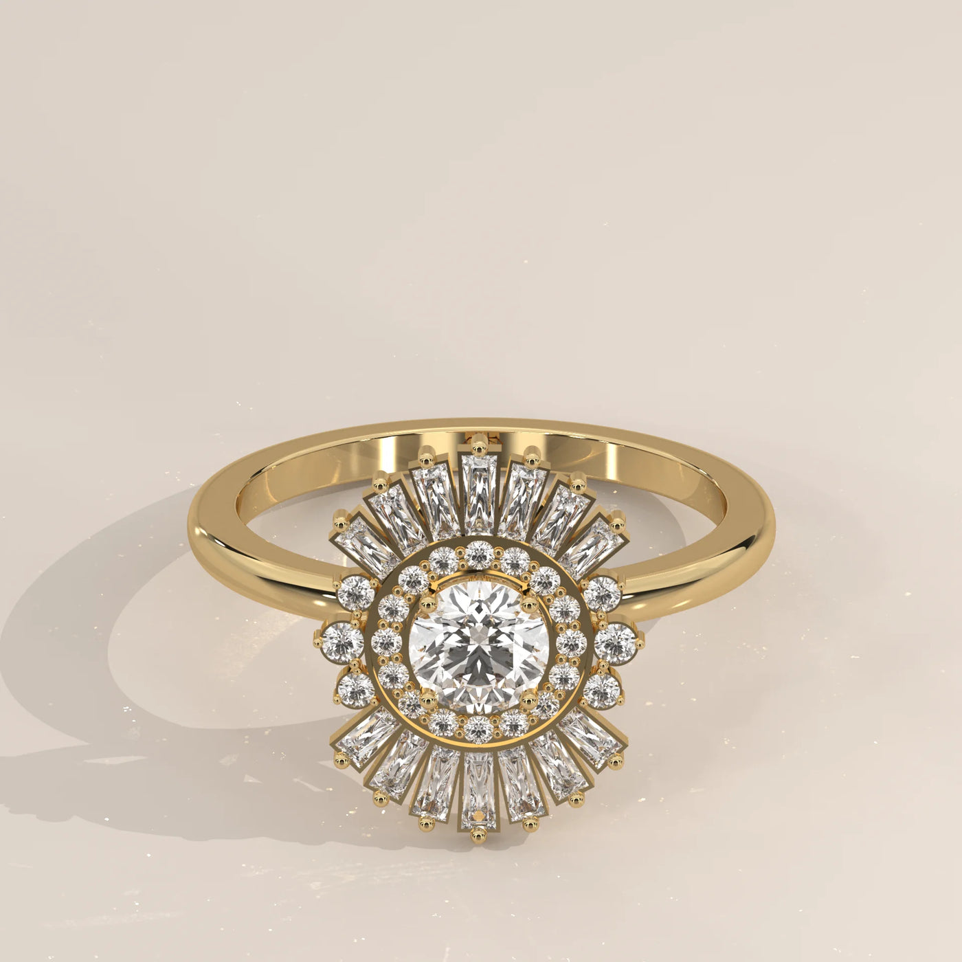 A dazzling round-cut diamond engagement ring with a sunburst halo.