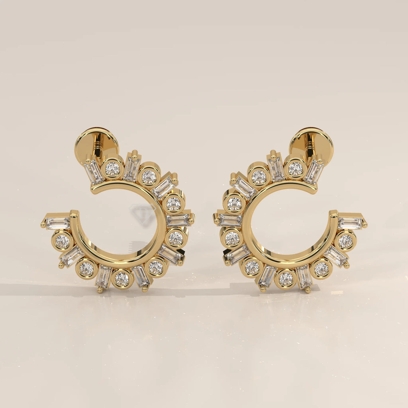 Pair Front View: Round Diamond Hoop Earrings with Prong Setting in Yellow Gold – Lab Grown – Driona Jewels