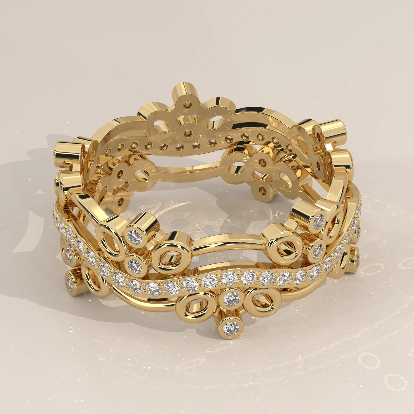 Angle View: Round Diamond Band with Bezel Setting in Yellow Gold – Lab Grown – Driona Jewels