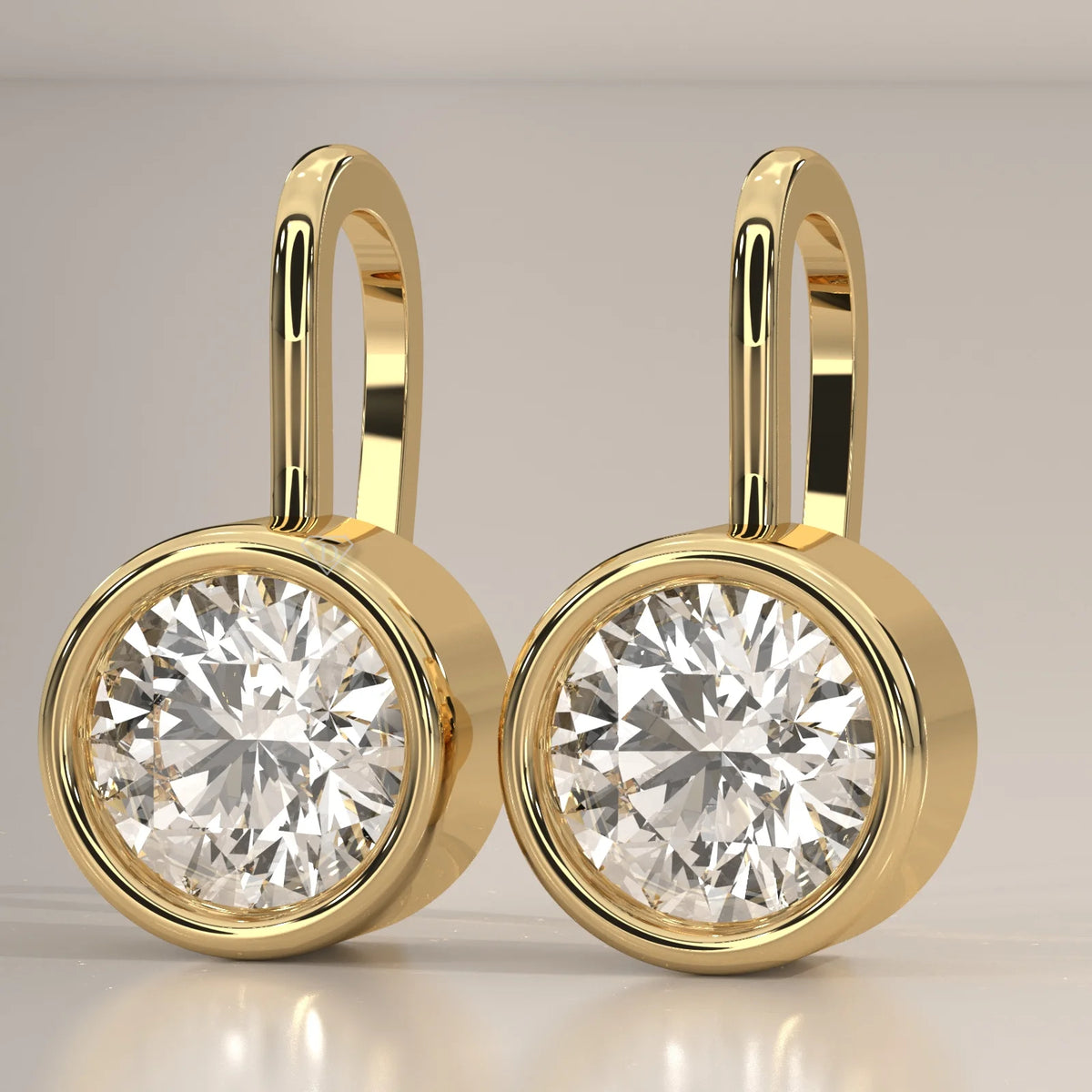 Round Bezel Set Lab Grown Diamond Drop Earrings on Gold Hook Wire in yellow gold, front view on a plain background.
