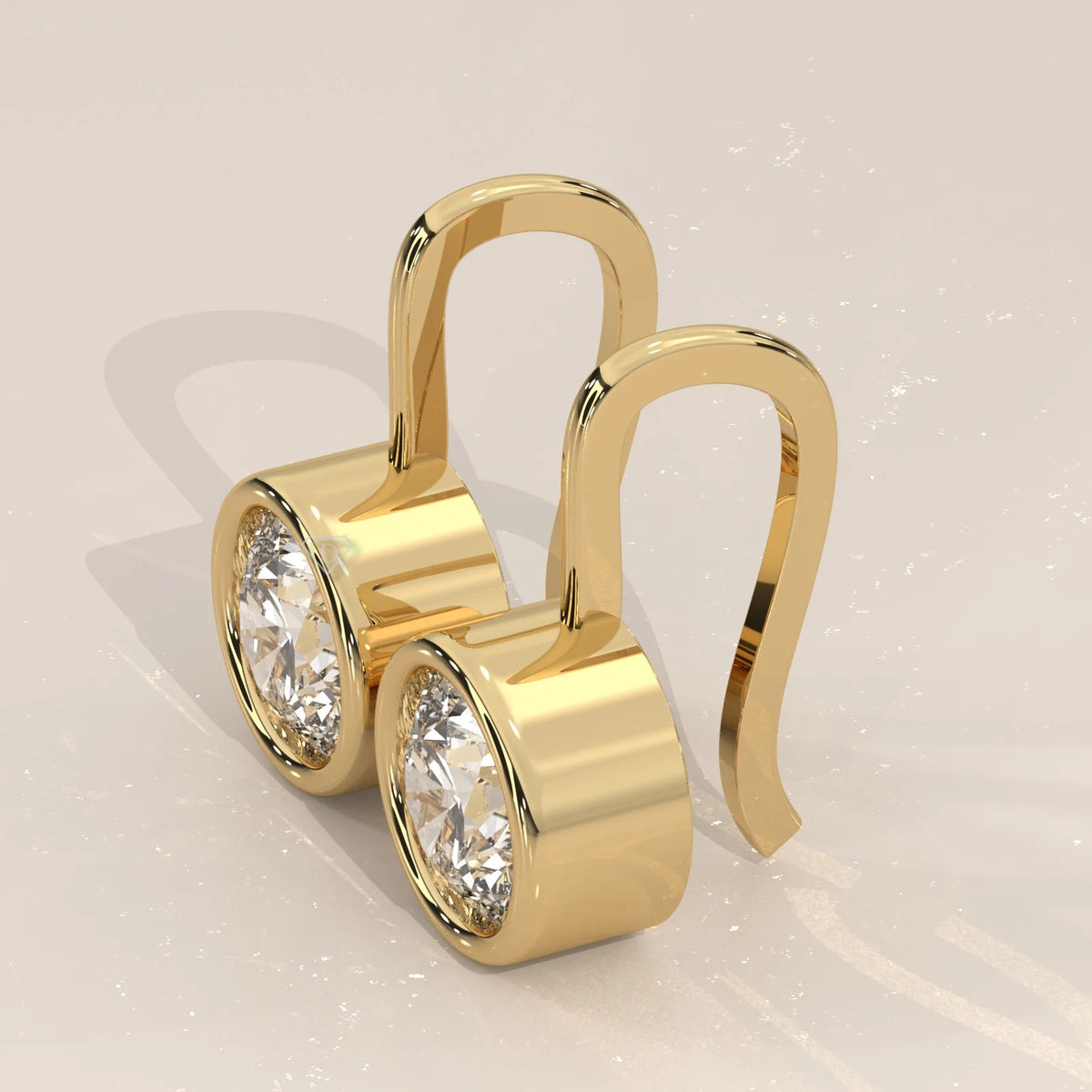 Round Bezel Set Lab Grown Diamond Drop Earrings on Gold Hook Wire in yellow gold, shown from the side.