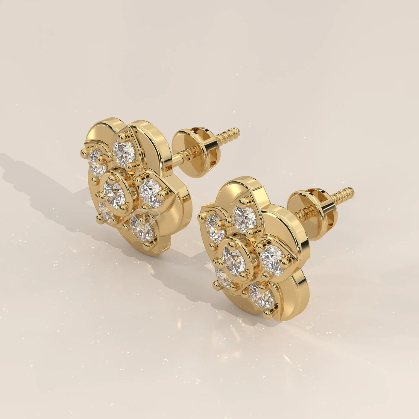 Three-Quarter View: Round Diamond Stud Earrings with Cluster Setting in Yellow Gold – Lab Grown – Driona Jewels
