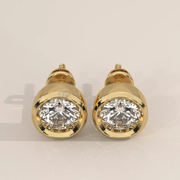 Pair Front View: Round Diamond Stud Earrings with Bezel Setting in Yellow Gold – Lab Grown – Driona Jewels