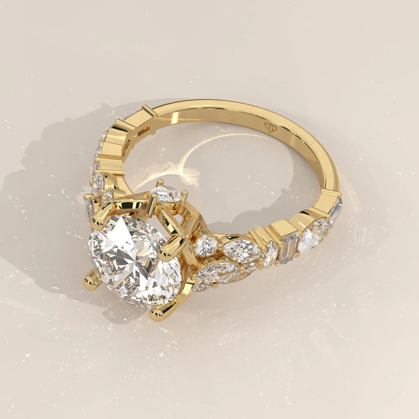 Angle View: Round Diamond Ring with Cluster Setting in Yellow Gold – Lab Grown – Driona Jewels