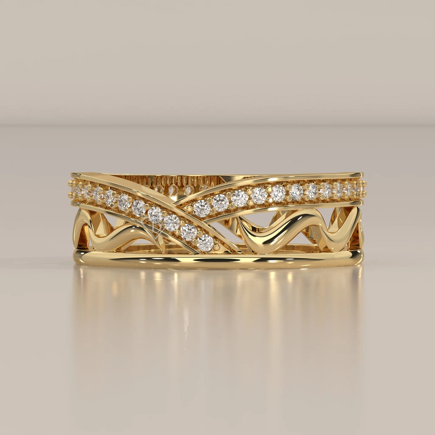 Side Profile: Round Diamond Wedding Band with Criss Cross Setting in Yellow Gold – Lab Grown – Driona Jewels