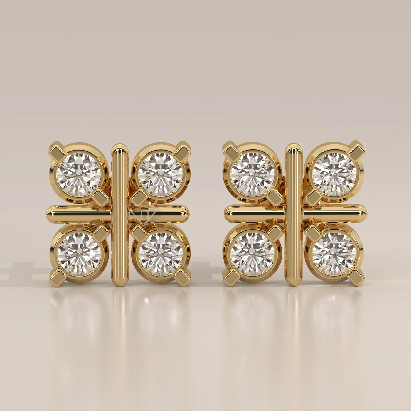 Front View: Round Diamond Stud Earrings with Cluster Setting in Yellow Gold – Lab Grown – Driona Jewels