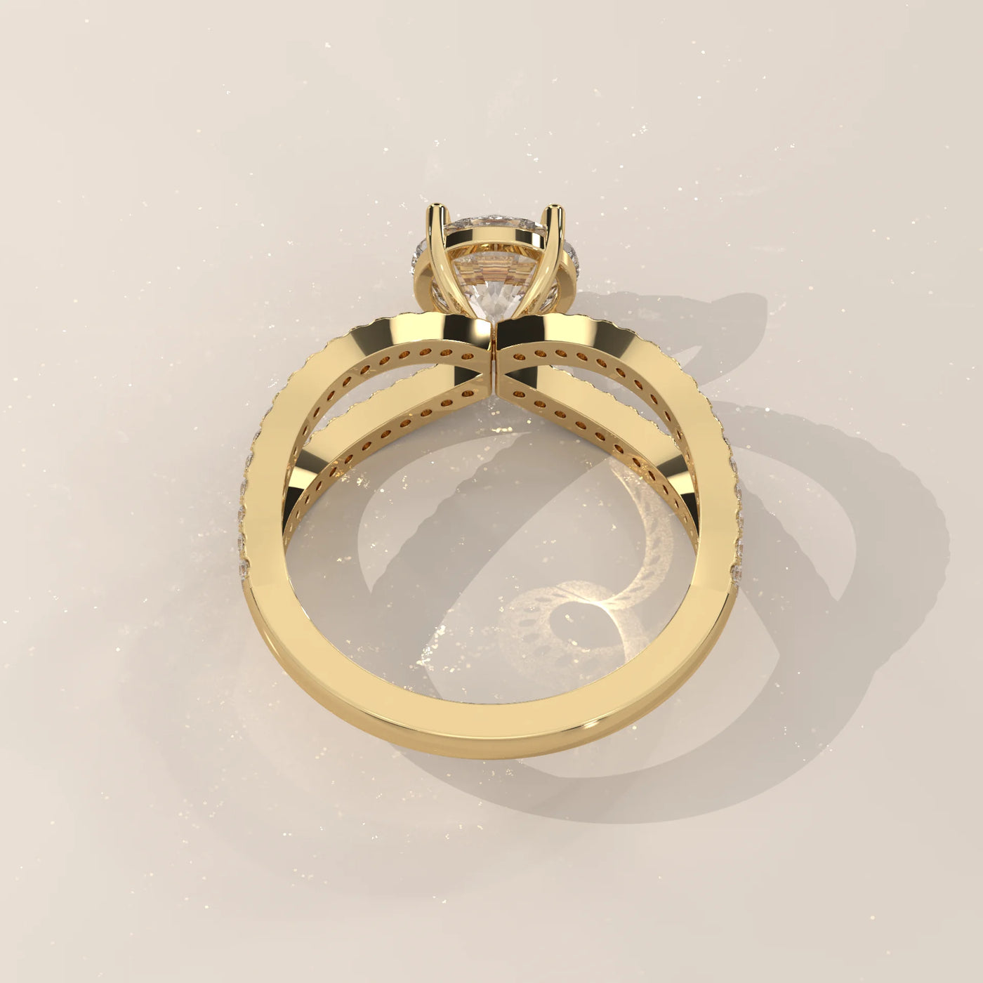 Top View: Round Diamond Ring with Split Shank Setting in Yellow Gold – Lab Grown – Driona Jewels