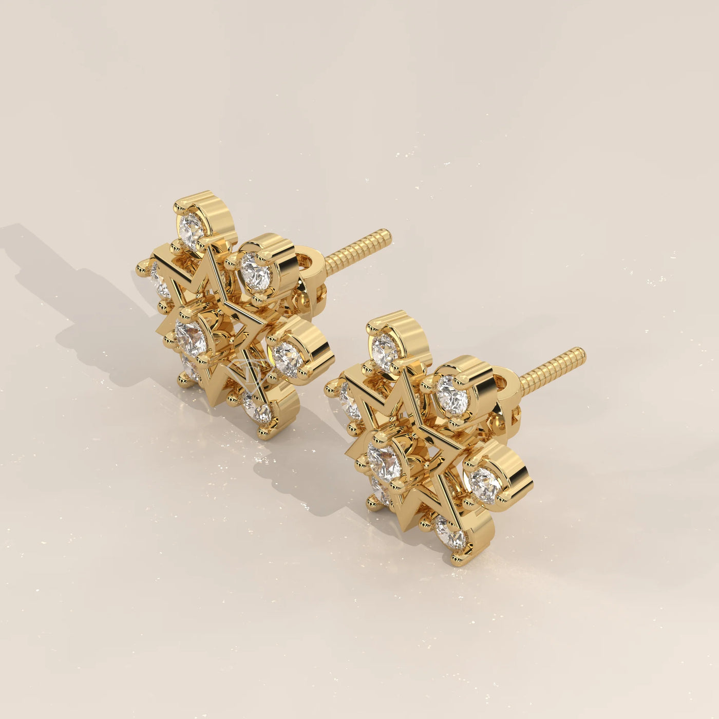 Three-Quarter View: Round Diamond Stud Earrings with Cluster Setting in Yellow Gold – Lab Grown – Driona Jewels