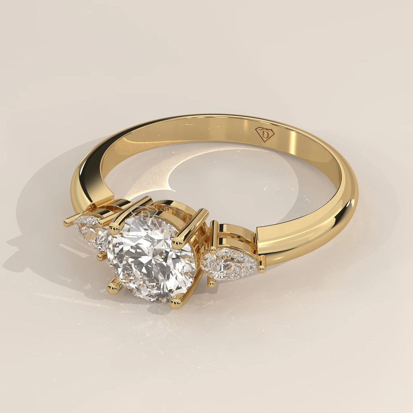 Angle View: Round Diamond Ring with Three-Stone Setting in Yellow Gold – Lab Grown – Driona Jewels