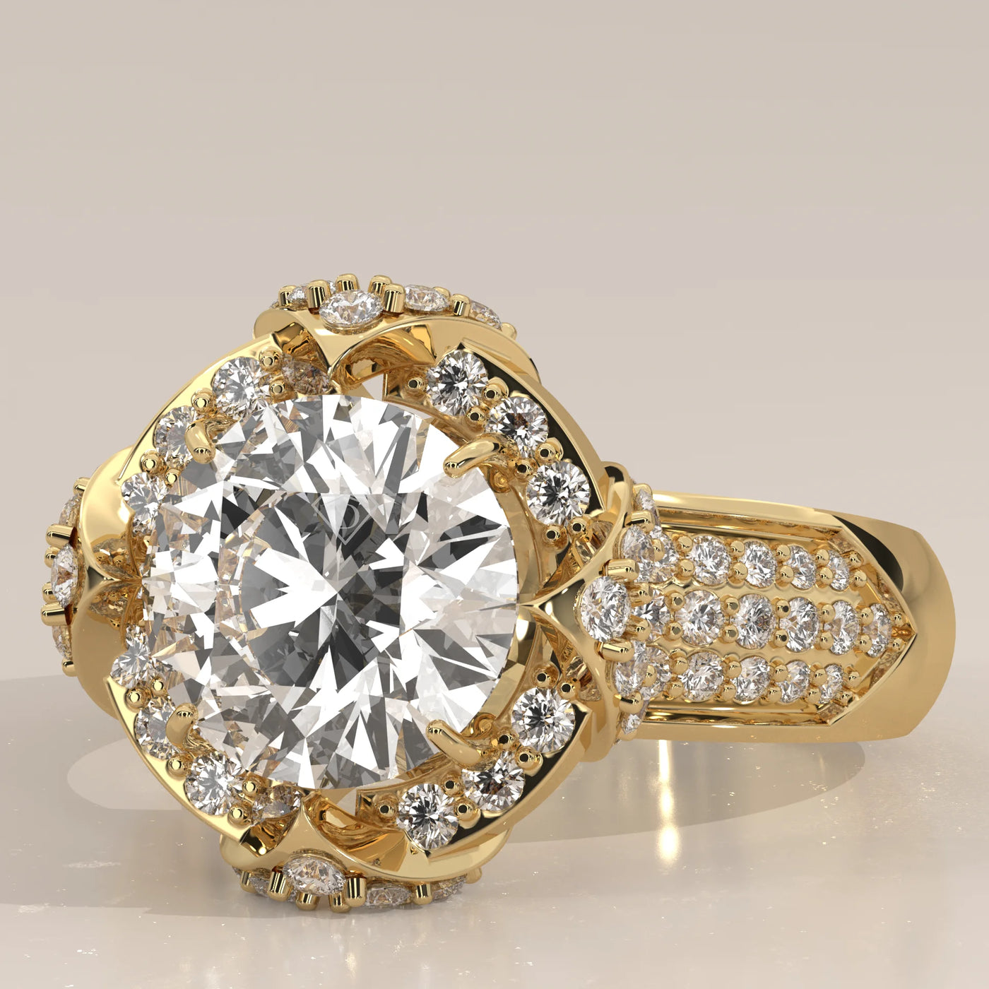 A detailed side view of a yellow gold ring with a large round diamond and smaller accent stones.