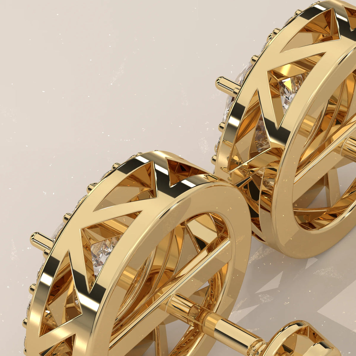 Round Double Halo Lab Grown Diamond Studs with Lattice Gallery in yellow gold, product photograph on a plain background.