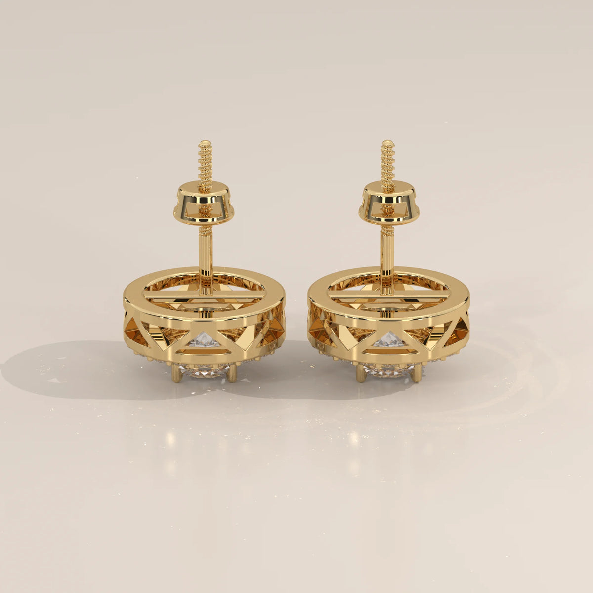 Round Double Halo Lab Grown Diamond Studs with Lattice Gallery in yellow gold, photographed at a three-quarter angle.