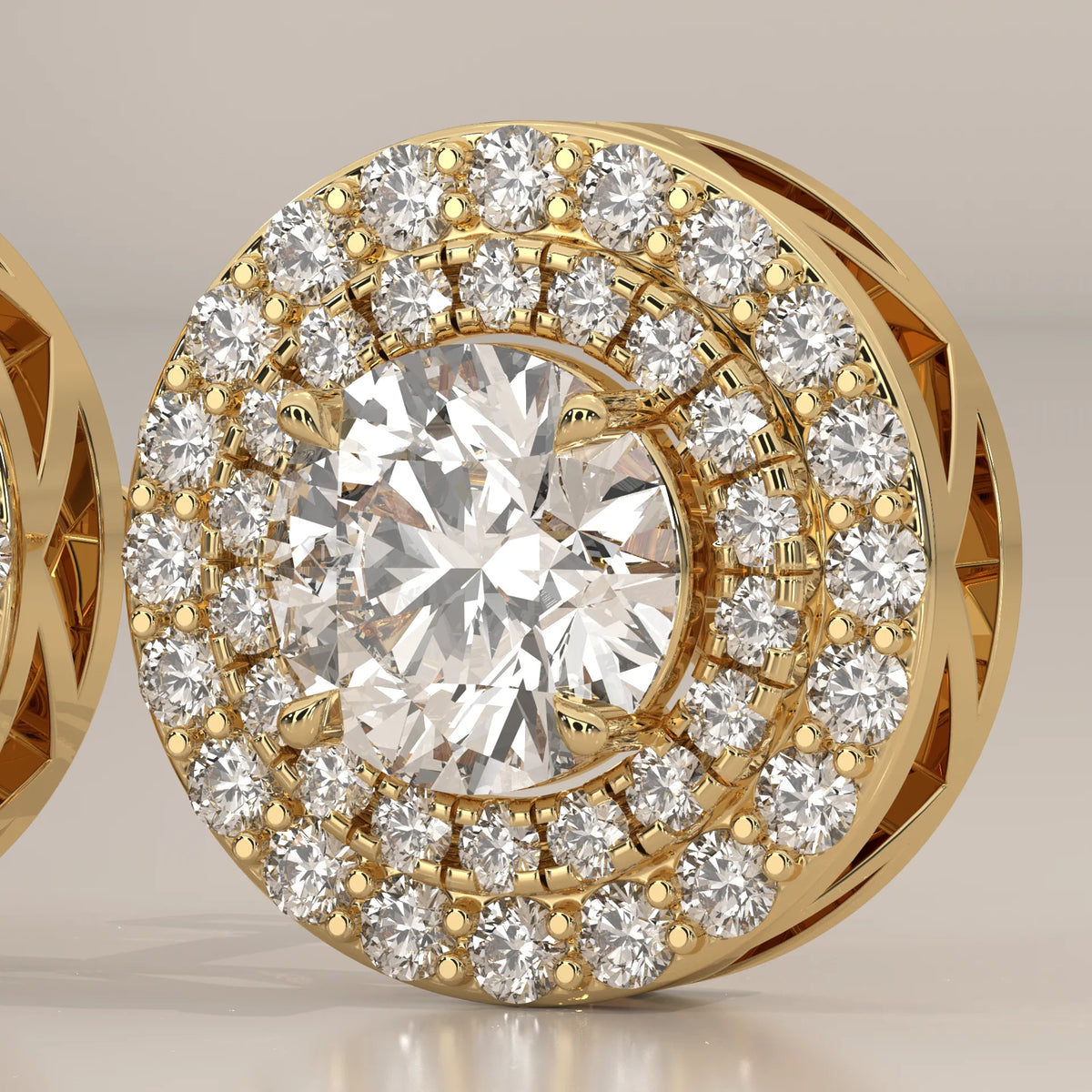 Round Double Halo Lab Grown Diamond Studs with Lattice Gallery in yellow gold, photographed head-on.