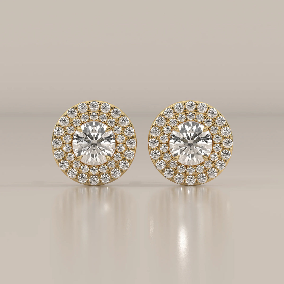 Round Double Halo Lab Grown Diamond Studs with Lattice Gallery in yellow gold, shown from the front.
