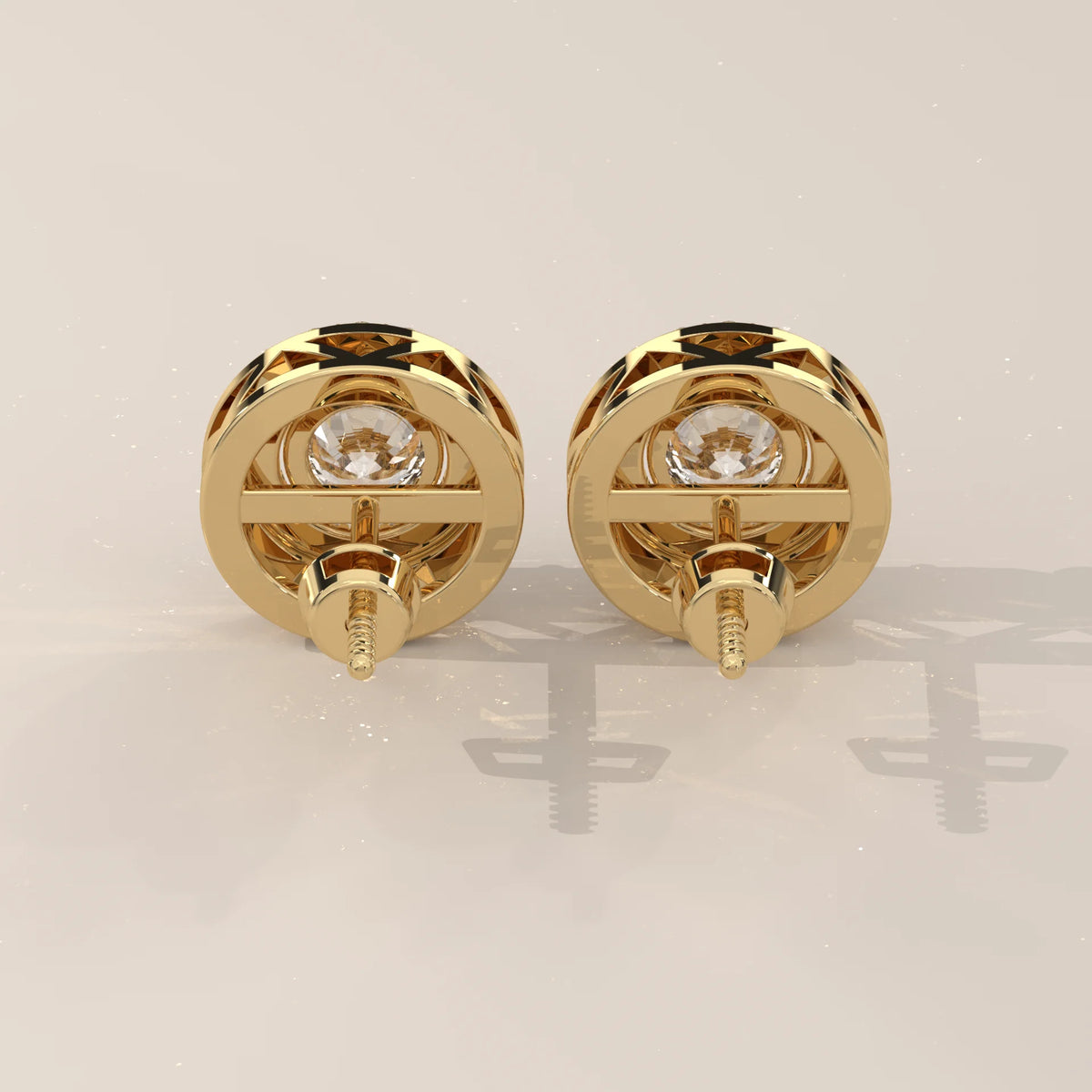 Round Double Halo Lab Grown Diamond Studs with Lattice Gallery in yellow gold, shown from the side.