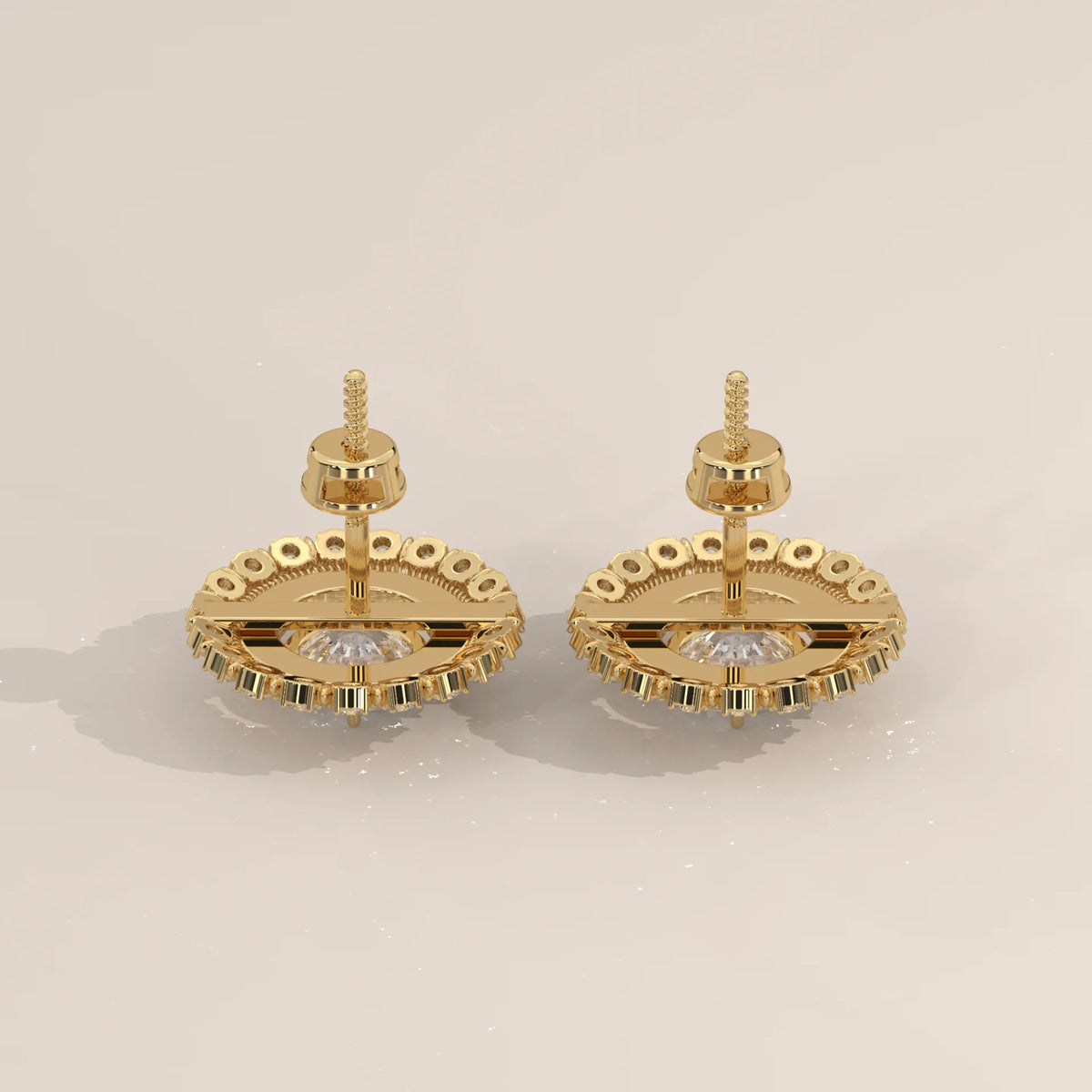 Round Double Halo Lab Grown Diamond Studs with Milgrain Divider in yellow gold, studio photograph on a plain background.