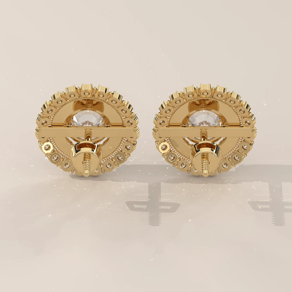 Round Double Halo Lab Grown Diamond Studs with Milgrain Divider in yellow gold, shown on a plain background.