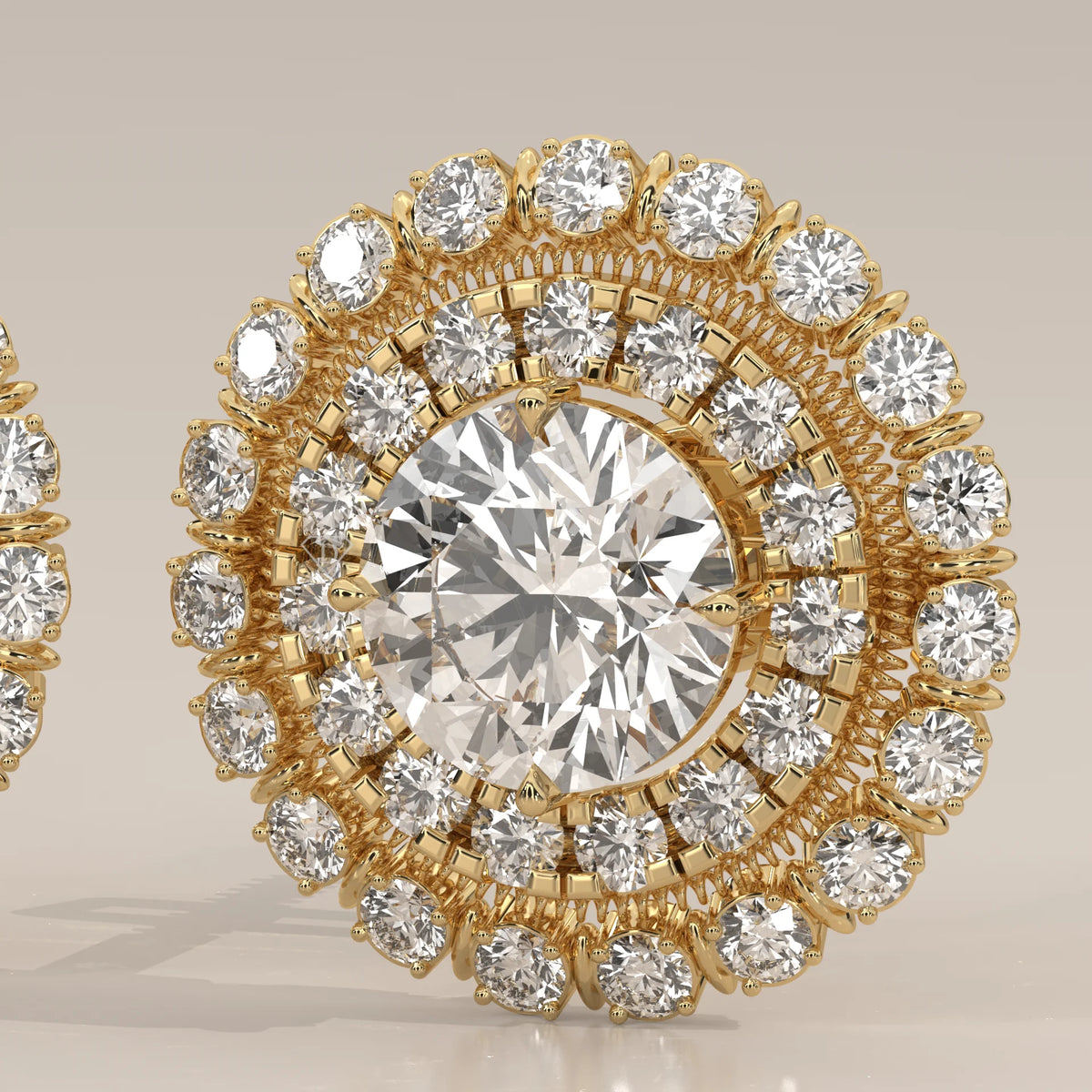 Round Double Halo Lab Grown Diamond Studs with Milgrain Divider in yellow gold, photographed head-on.
