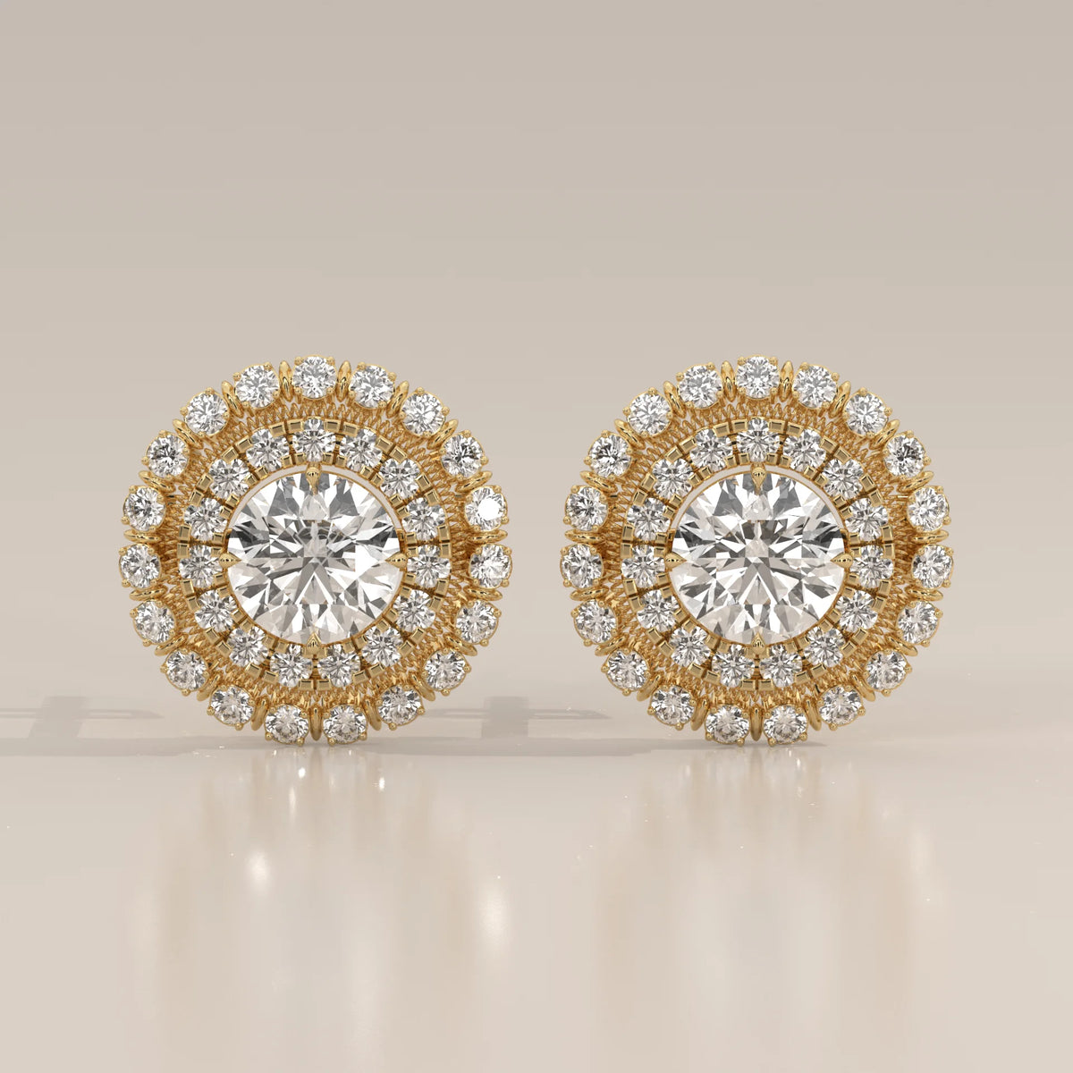 Round Double Halo Lab Grown Diamond Studs with Milgrain Divider in yellow gold, shown from the front.
