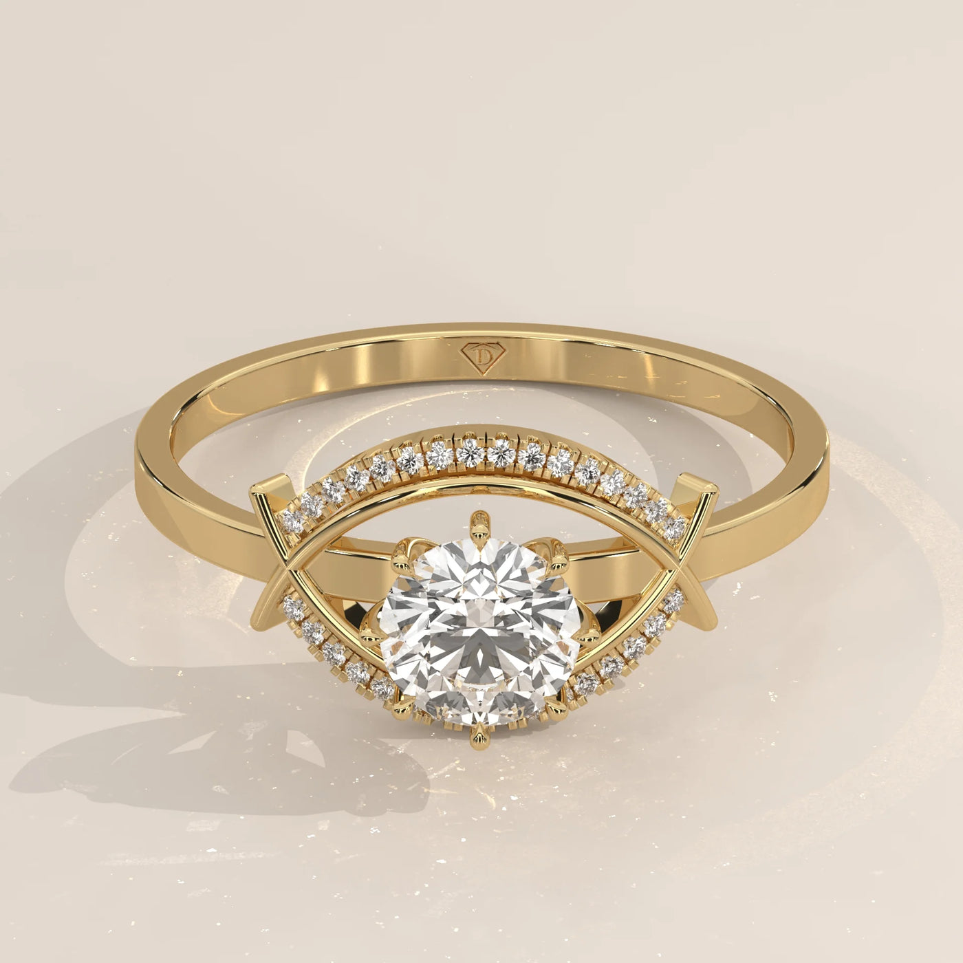 Three-Quarter View: Round Diamond Engagement Ring with Halo Setting in Yellow Gold – Lab Grown – Driona Jewels