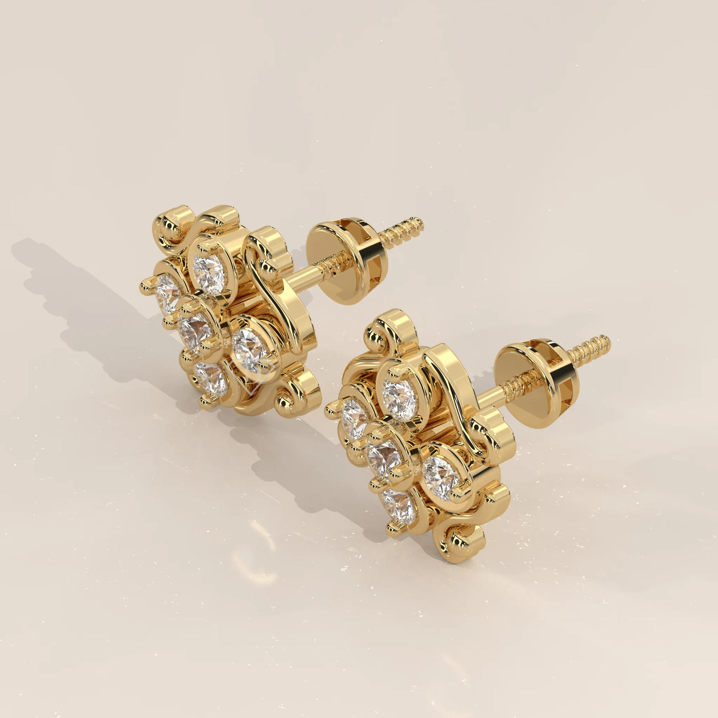 Three-Quarter View: Round Diamond Stud Earrings with Cluster Setting in Yellow Gold – Lab Grown – Driona Jewels