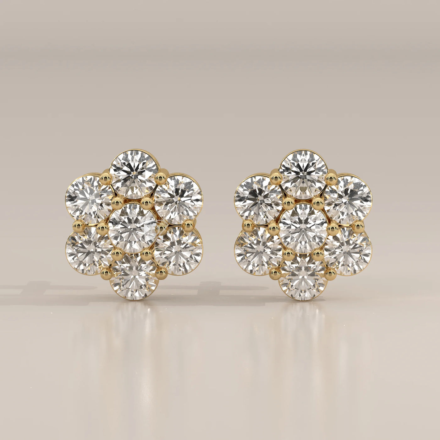 Front View: Round Diamond Stud Earrings with Cluster Setting in Yellow Gold – Lab Grown – Driona Jewels