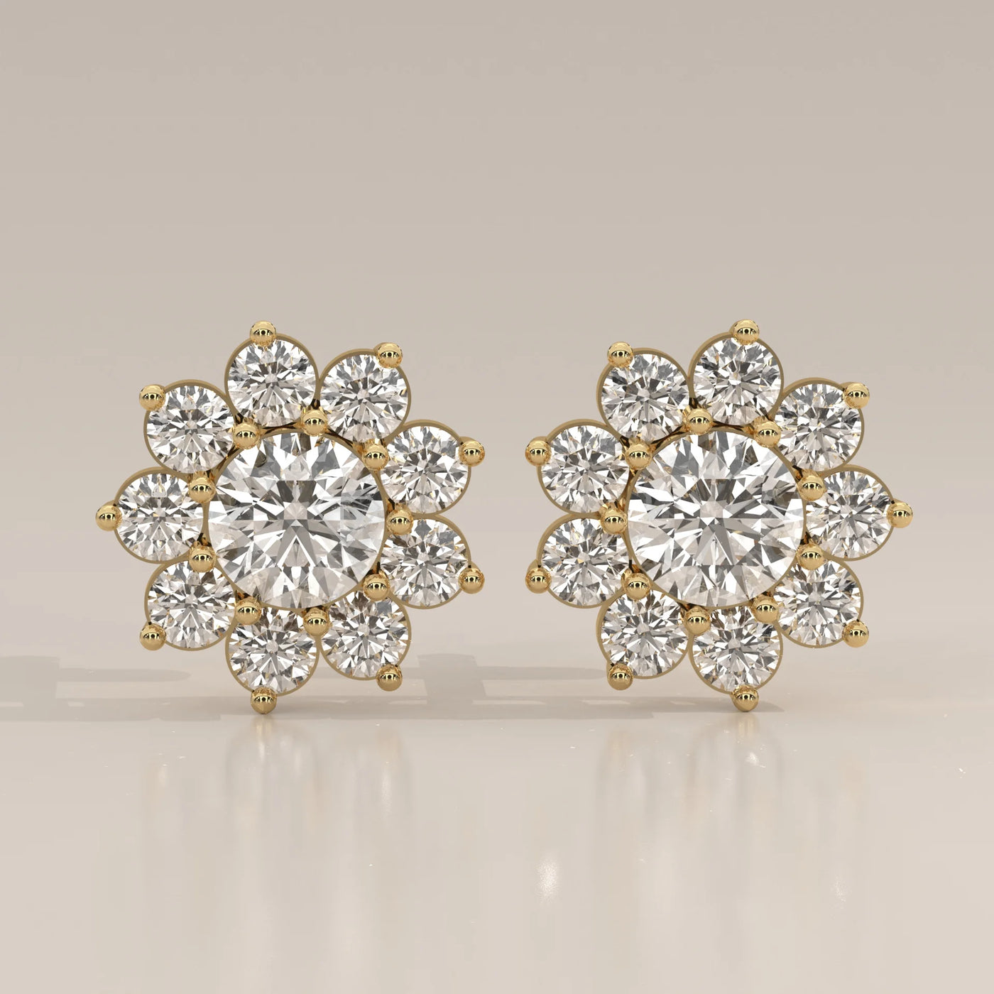 Front View: Round Diamond Stud Earrings with Cluster Setting in Yellow Gold – Lab Grown – Driona Jewels