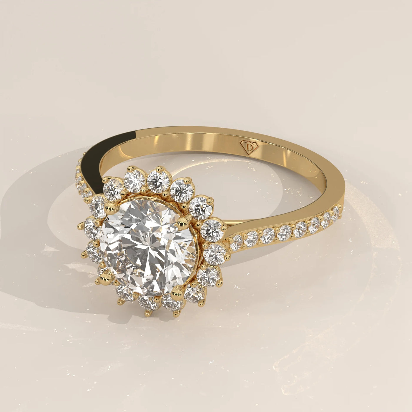 Angle View: Round Diamond Engagement Ring with Halo Setting in Yellow Gold – Lab Grown – Driona Jewels