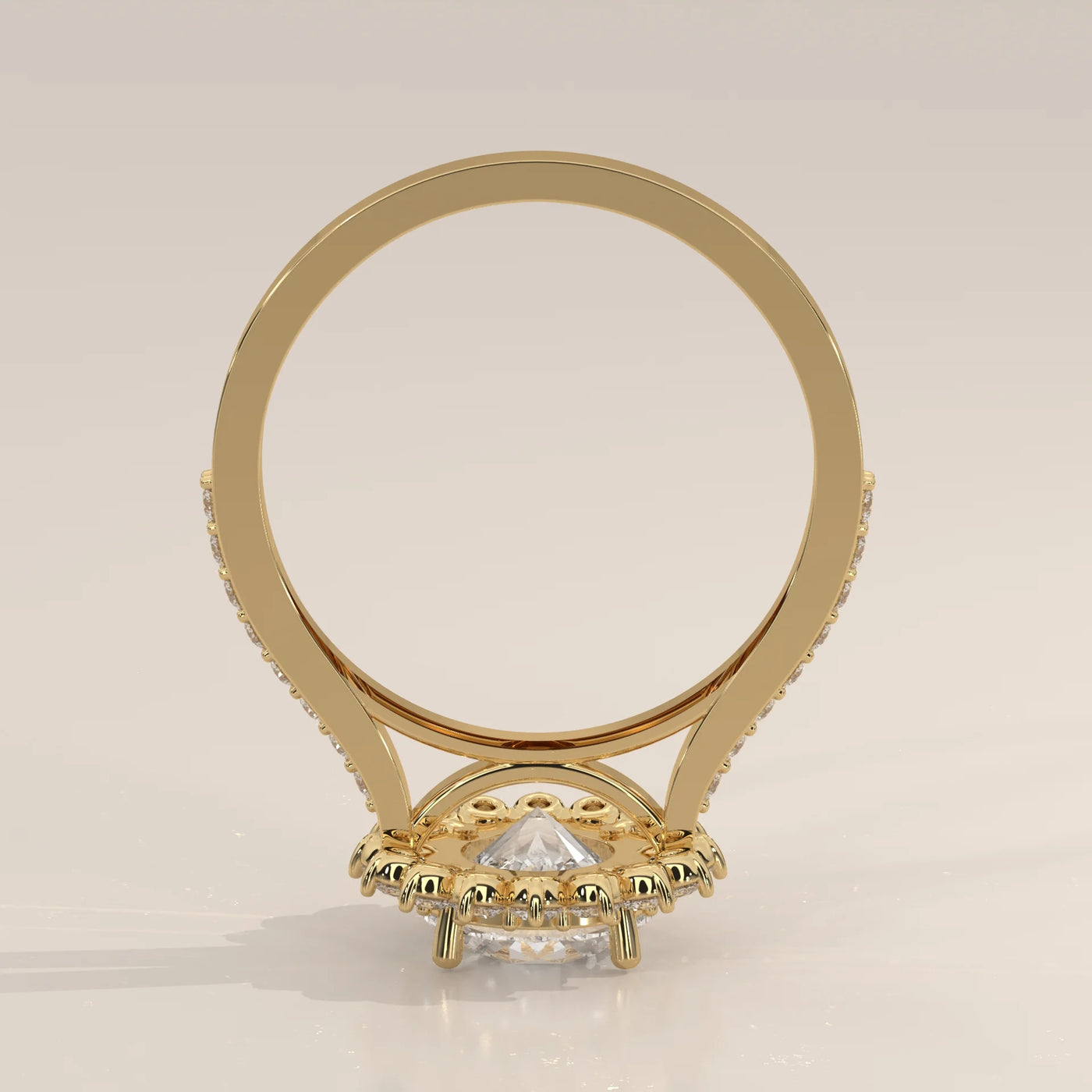 Front View: Round Diamond Engagement Ring with Halo Setting in Yellow Gold – Lab Grown – Driona Jewels