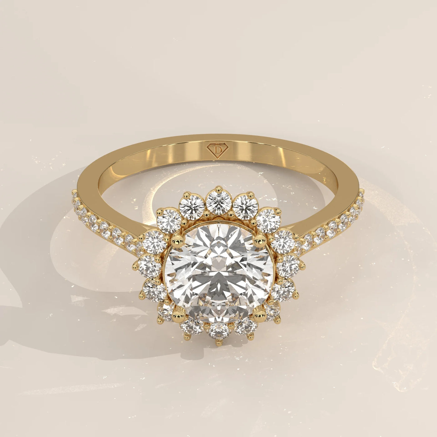 Three-Quarter View: Round Diamond Engagement Ring with Halo Setting in Yellow Gold – Lab Grown – Driona Jewels