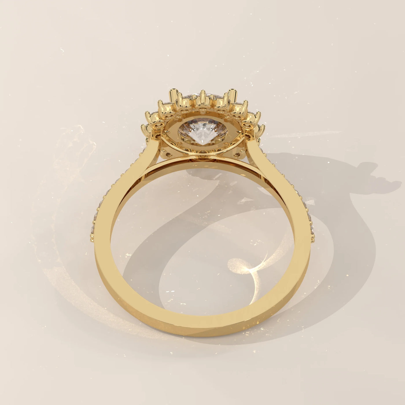Top View: Round Diamond Engagement Ring with Halo Setting in Yellow Gold – Lab Grown – Driona Jewels
