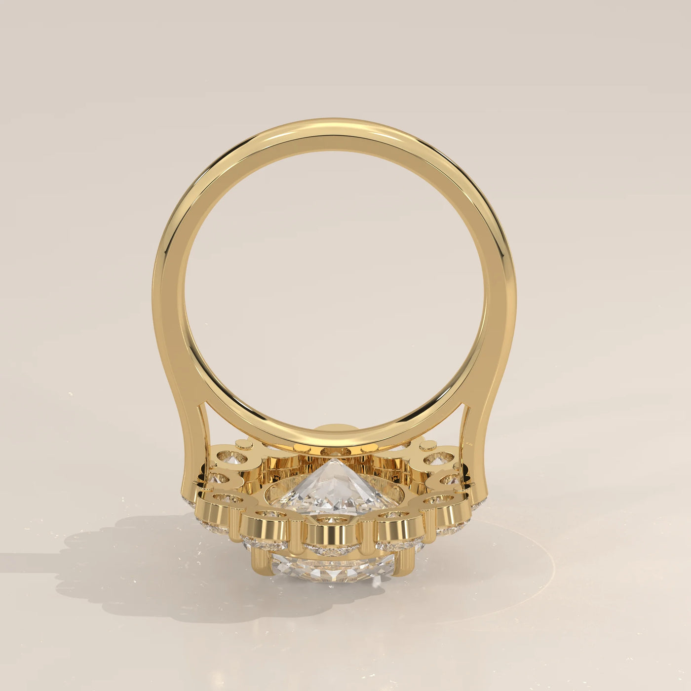 Front View: Round Diamond Engagement Ring with Halo Setting in Yellow Gold – Lab Grown – Driona Jewels