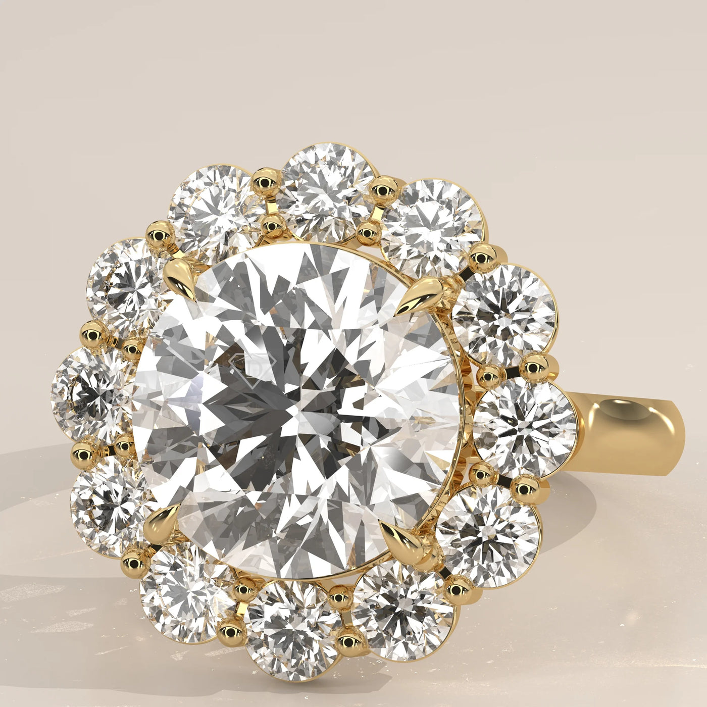 Stone Detail: Round Lab Grown Diamonds in Halo Setting – Yellow Gold – Driona Jewels