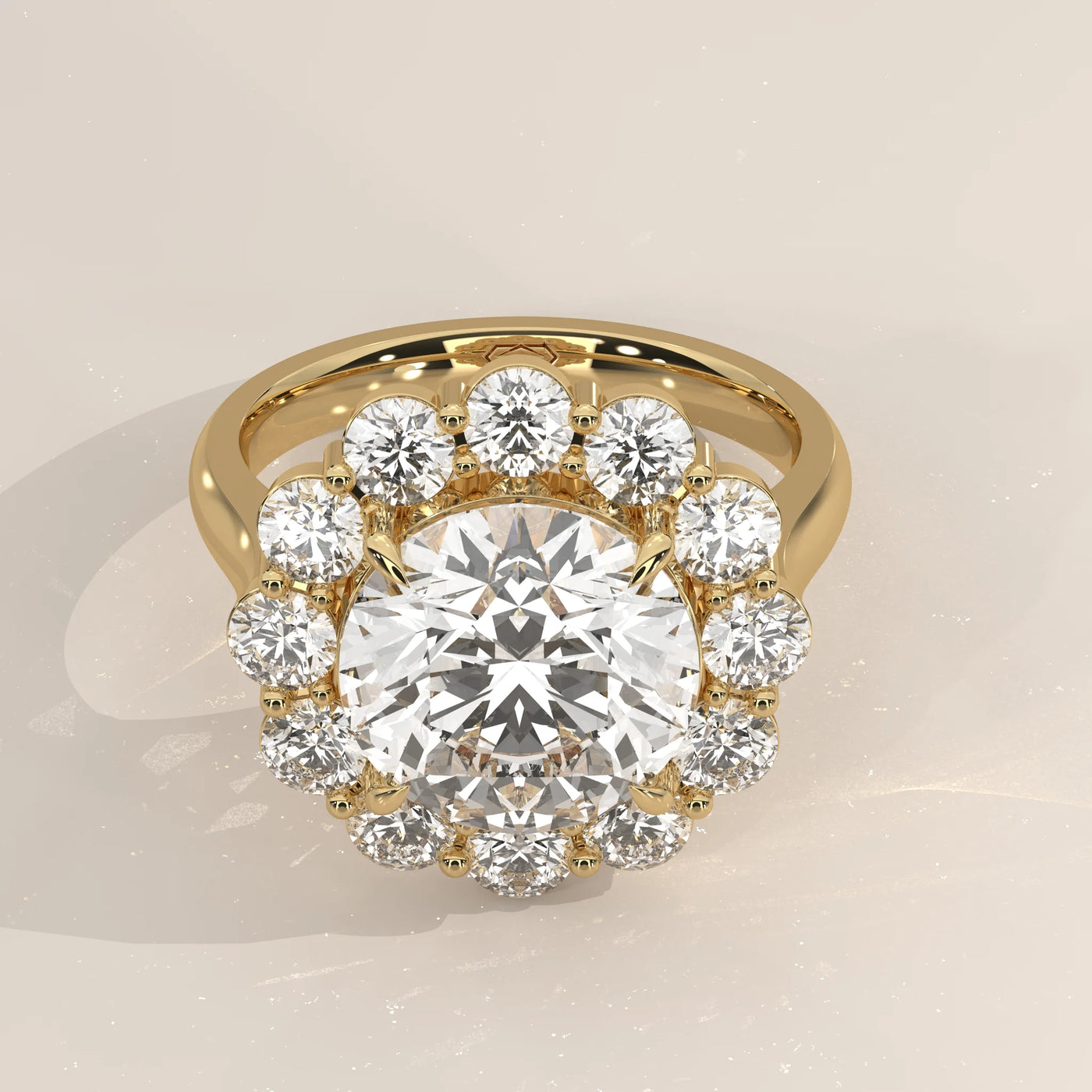 Three-Quarter View: Round Diamond Engagement Ring with Halo Setting in Yellow Gold – Lab Grown – Driona Jewels