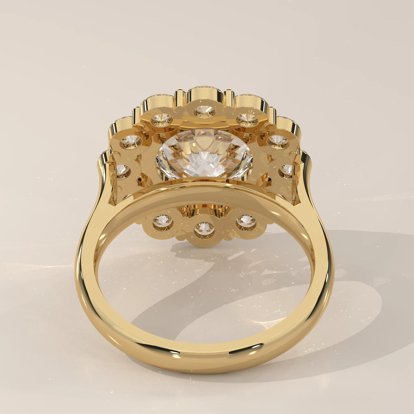 Top View: Round Diamond Engagement Ring with Halo Setting in Yellow Gold – Lab Grown – Driona Jewels