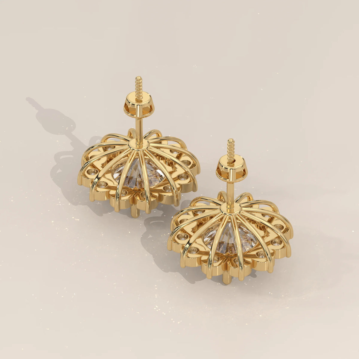 Round Flower Cluster Lab Grown Diamond Stud Earrings in yellow gold, product photograph on a plain background.
