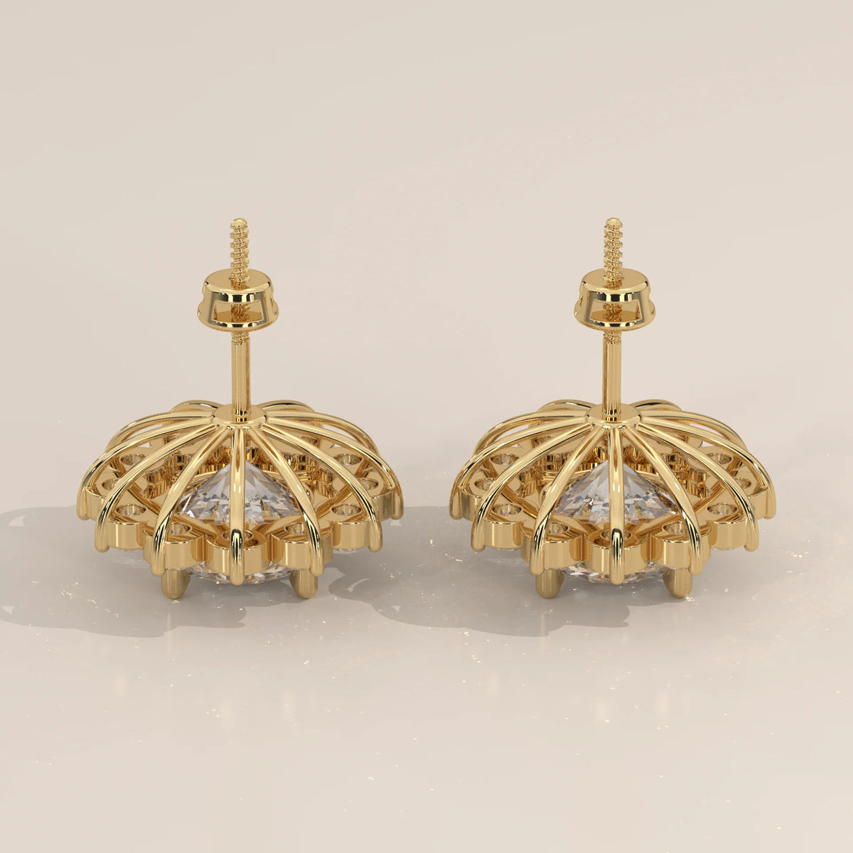 Round Flower Cluster Lab Grown Diamond Stud Earrings in yellow gold, studio photograph on a plain background.