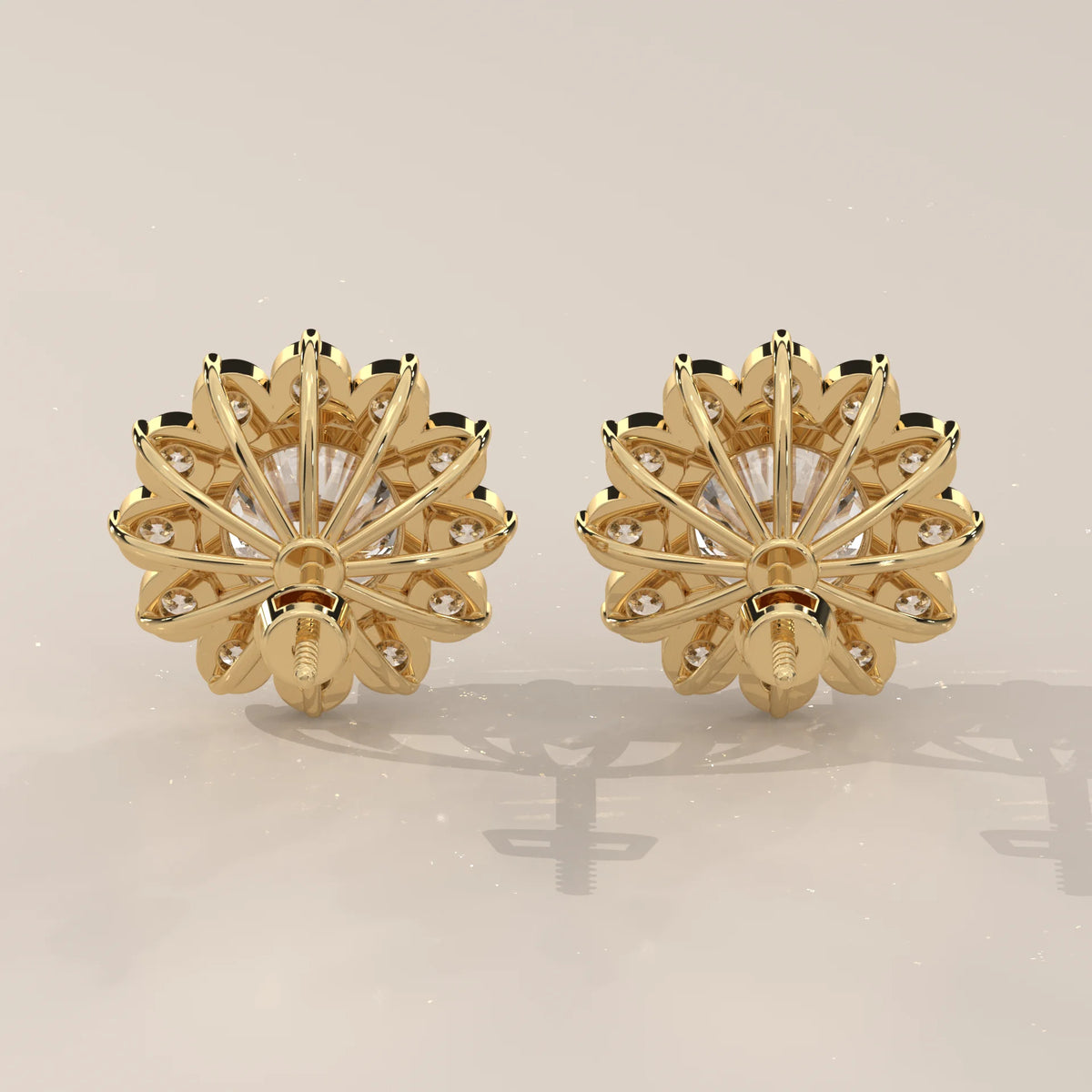 Round Flower Cluster Lab Grown Diamond Stud Earrings in yellow gold, shown on a plain background.