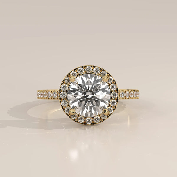 Side Profile: Round Diamond Engagement Ring with Halo Setting in Yellow Gold – Lab Grown – Driona Jewels