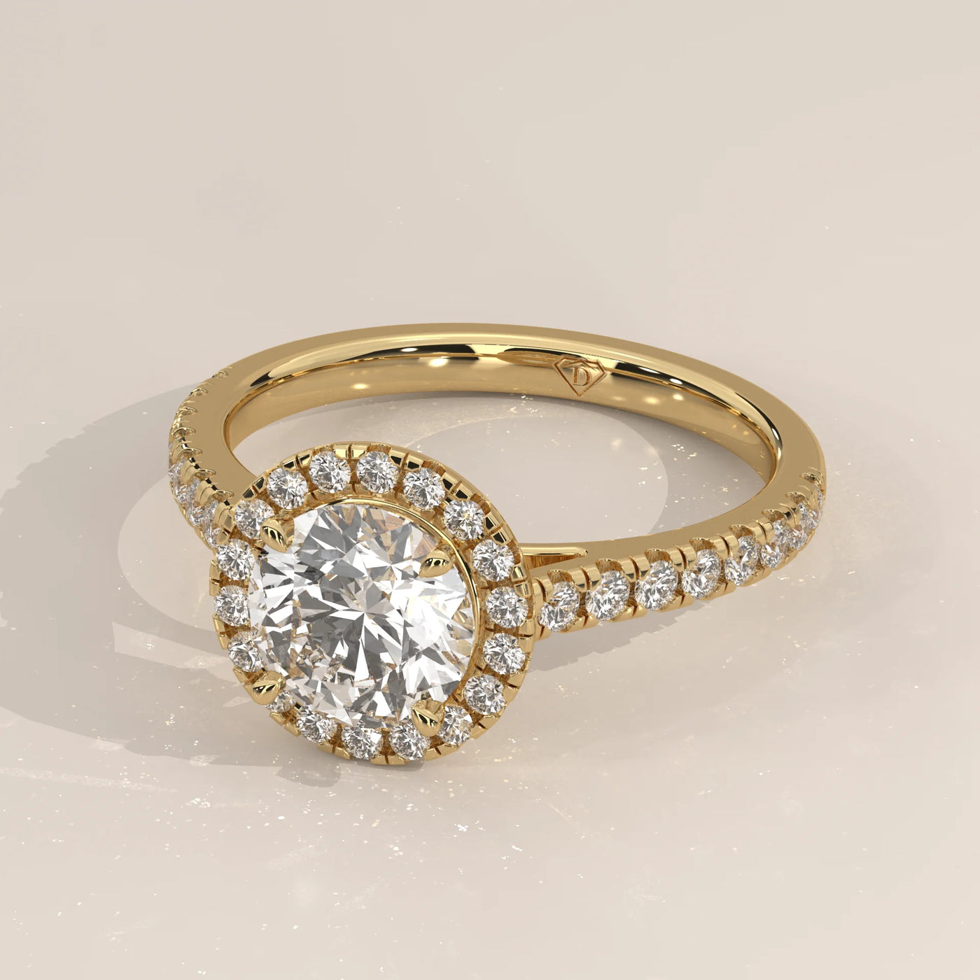 Angle View: Round Diamond Engagement Ring with Halo Setting in Yellow Gold – Lab Grown – Driona Jewels