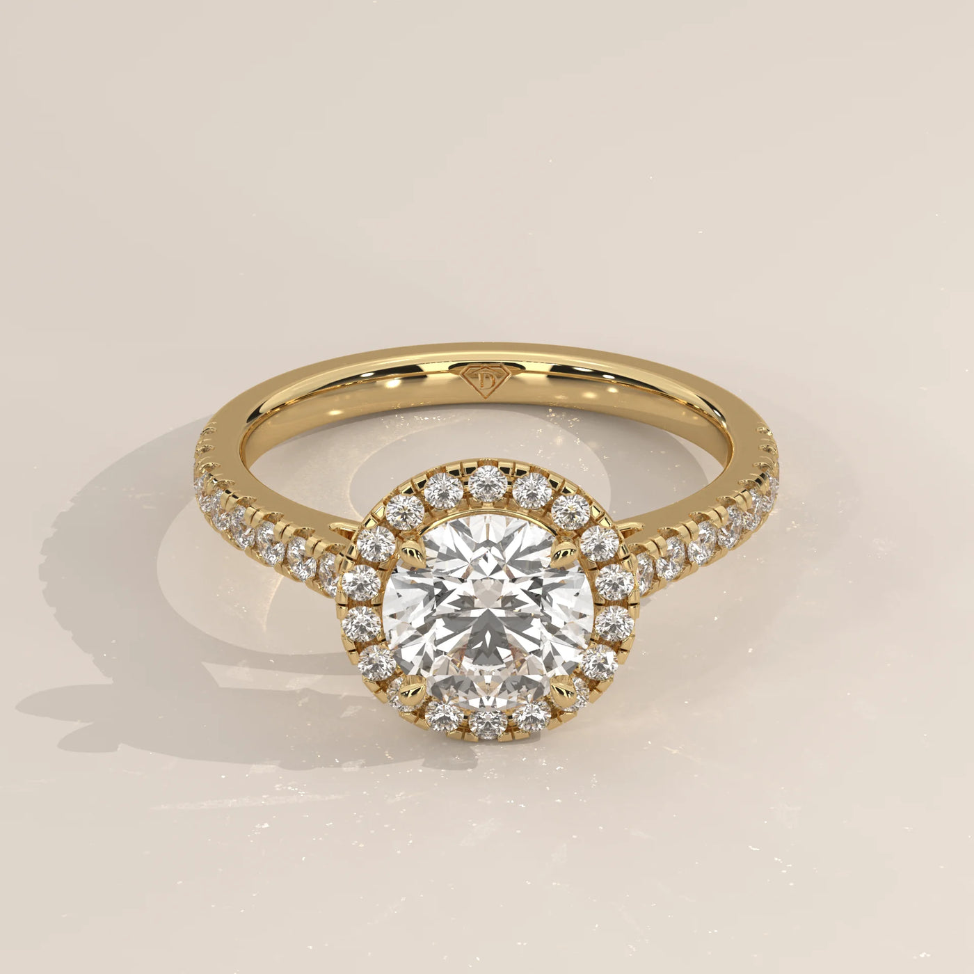 Three-Quarter View: Round Diamond Engagement Ring with Halo Setting in Yellow Gold – Lab Grown – Driona Jewels