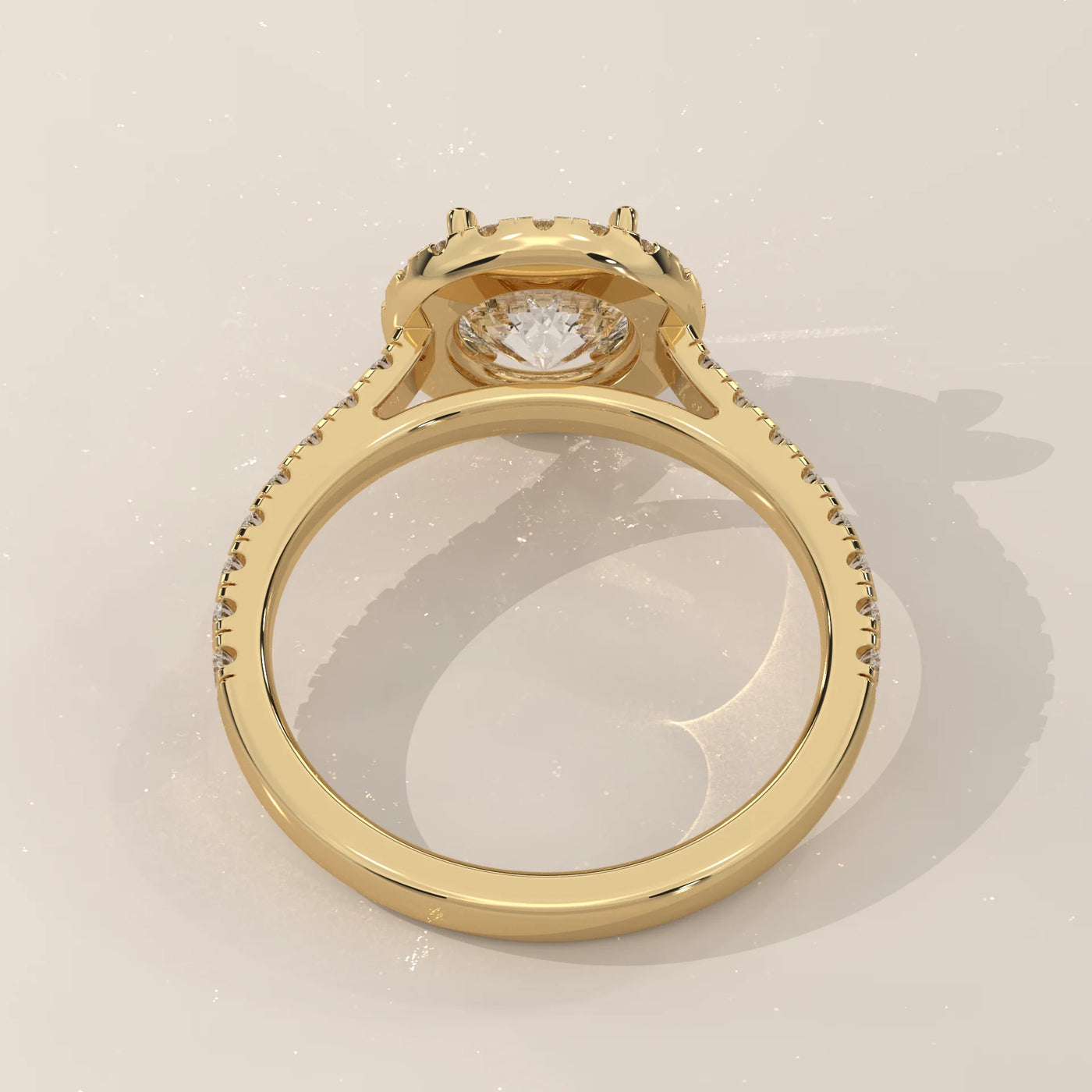 Top View: Round Diamond Engagement Ring with Halo Setting in Yellow Gold – Lab Grown – Driona Jewels