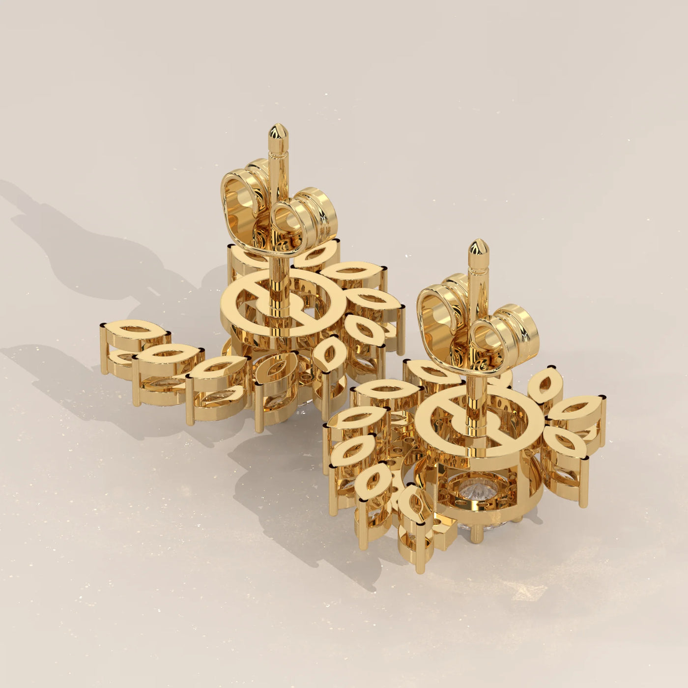 Angle View: Round Diamond Stud Earrings with Halo Setting in Yellow Gold – Lab Grown – Driona Jewels