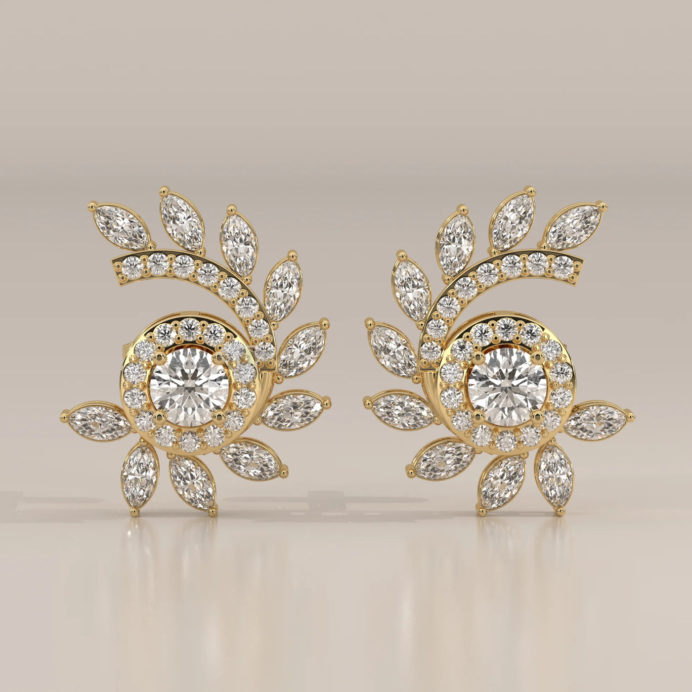 Front View: Round Diamond Stud Earrings with Halo Setting in Yellow Gold – Lab Grown – Driona Jewels