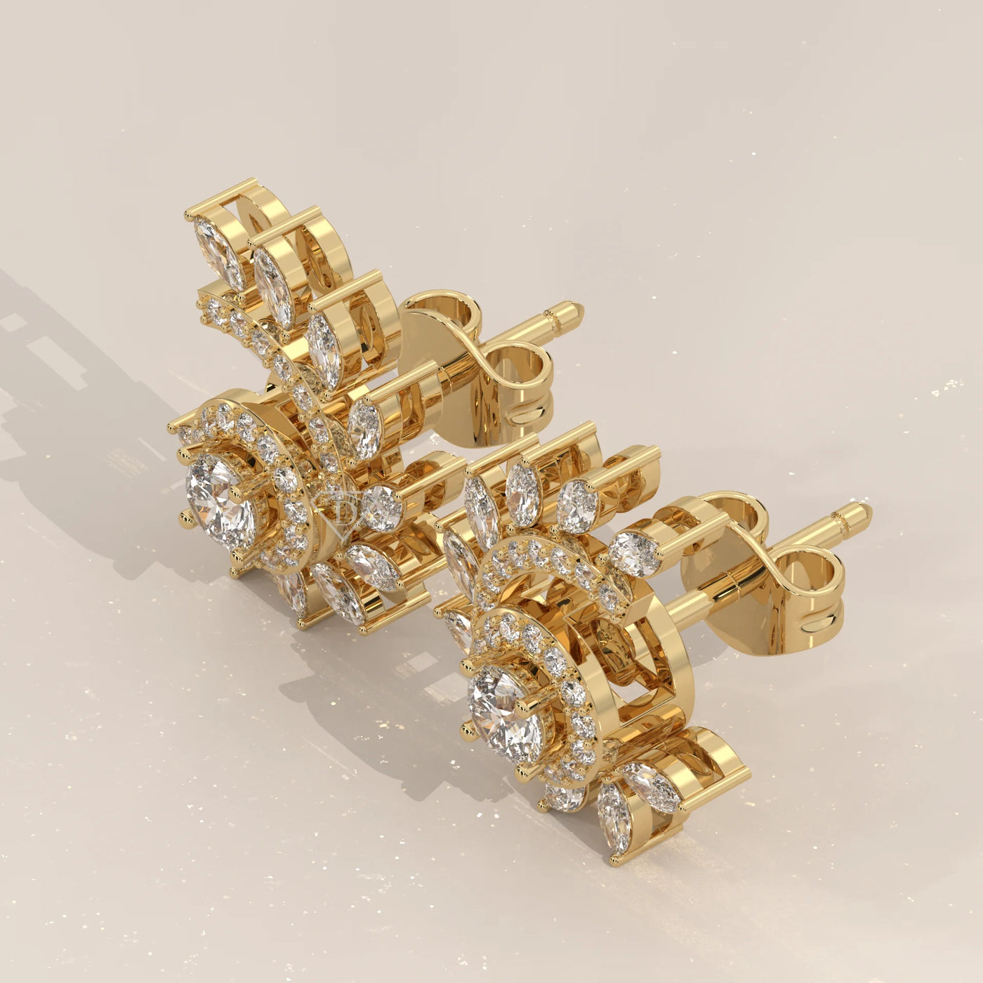 Three-Quarter View: Round Diamond Stud Earrings with Halo Setting in Yellow Gold – Lab Grown – Driona Jewels
