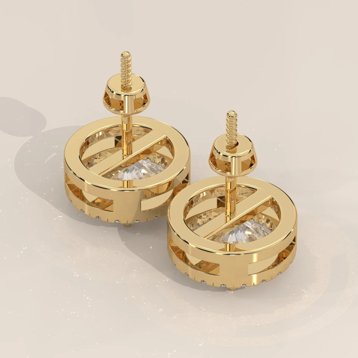 Round Halo Lab Grown Diamond Stud Earrings with Open Gallery in yellow gold, product photograph on a plain background.