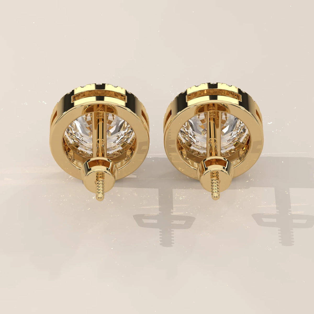 Round Halo Lab Grown Diamond Stud Earrings with Open Gallery in yellow gold, shown on a plain background.