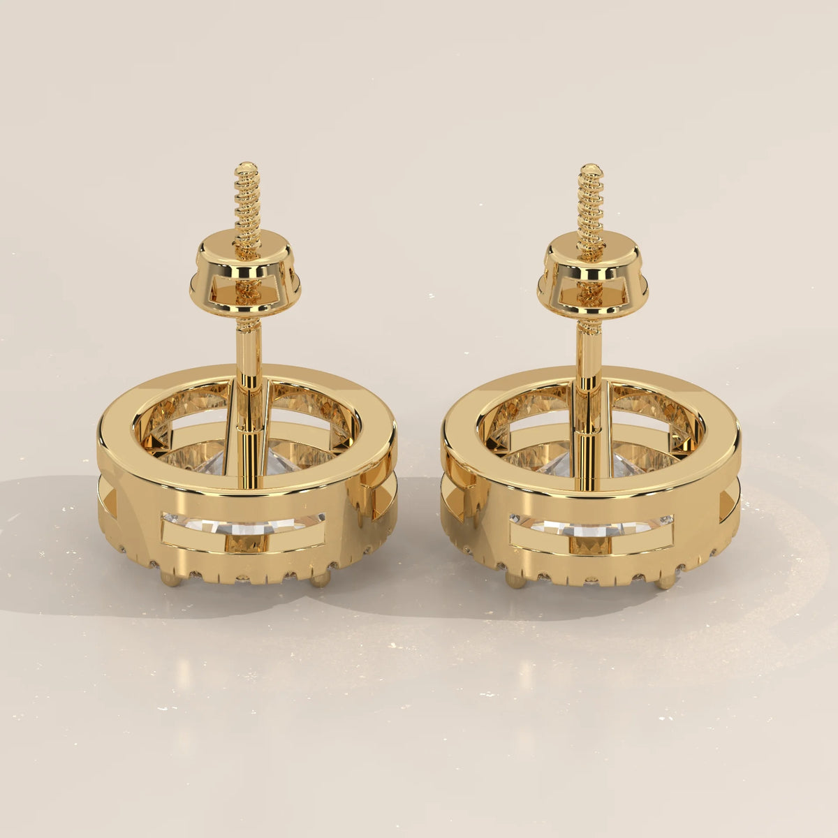 Round Halo Lab Grown Diamond Stud Earrings with Open Gallery in yellow gold, shown from the side.
