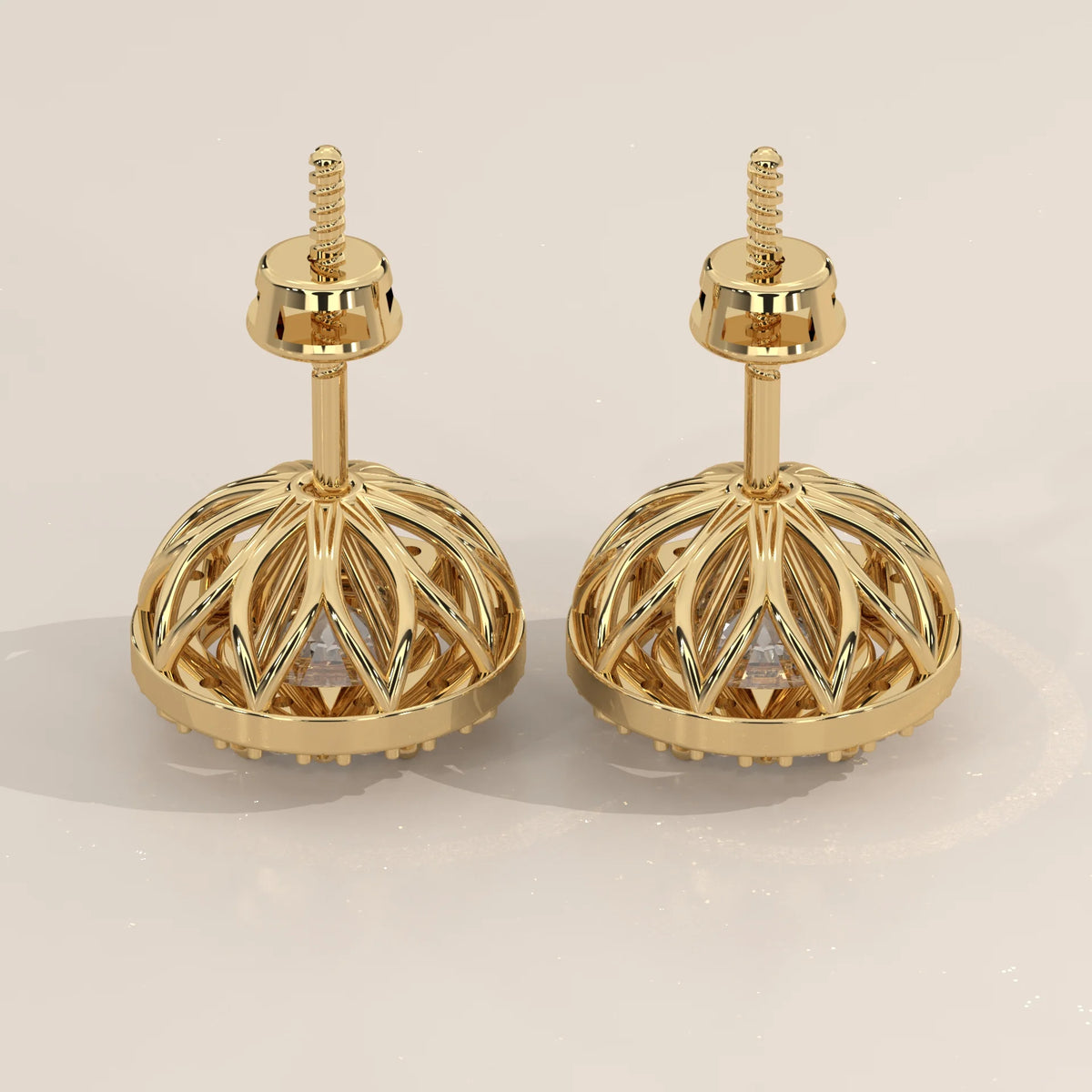 Round Halo Lab Grown Diamond Studs with Domed Openwork Basket in yellow gold, front view on a plain background.